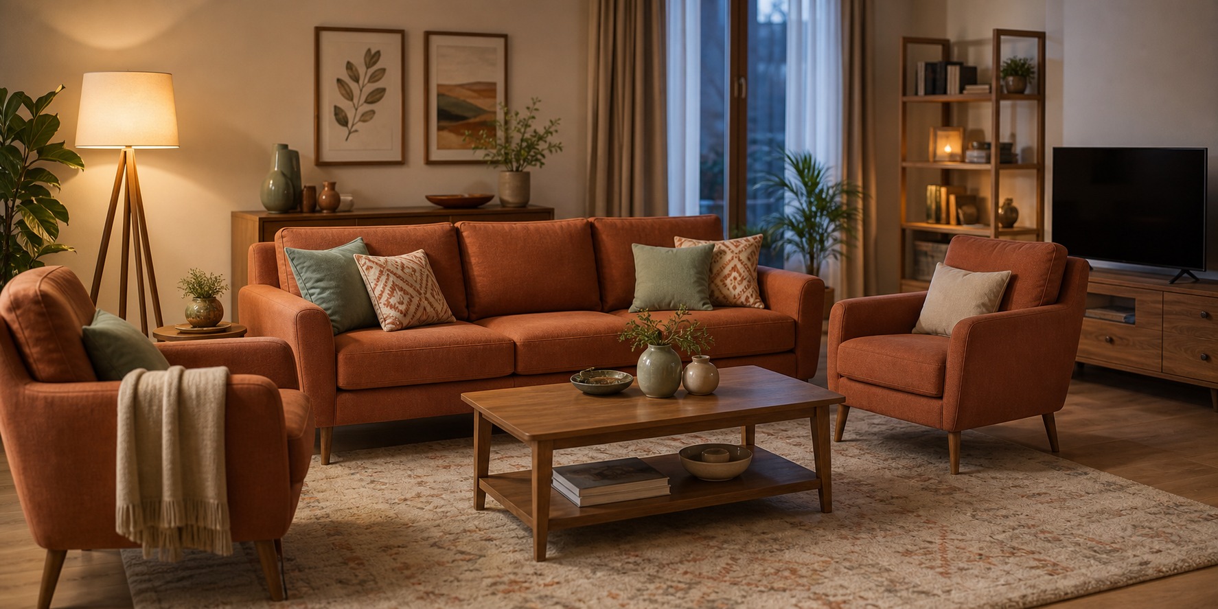 Warm living room set with sofa, armchairs and coffee table from the İnegöl factory