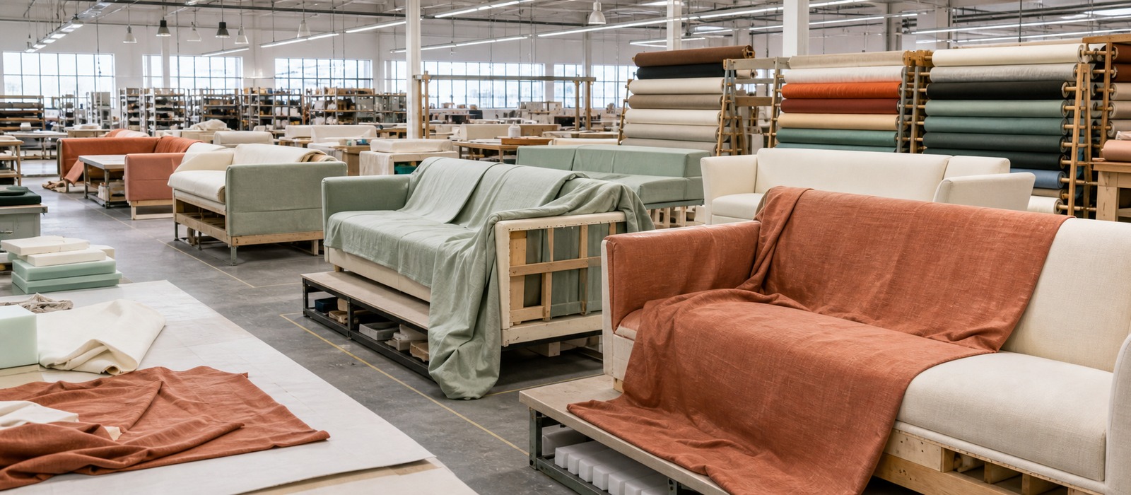 Upholstery hall with sofas being covered in fabric