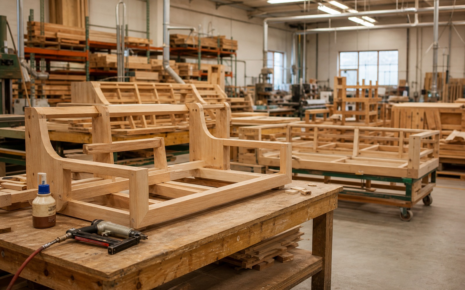 Beech sofa frames being assembled in the frame shop