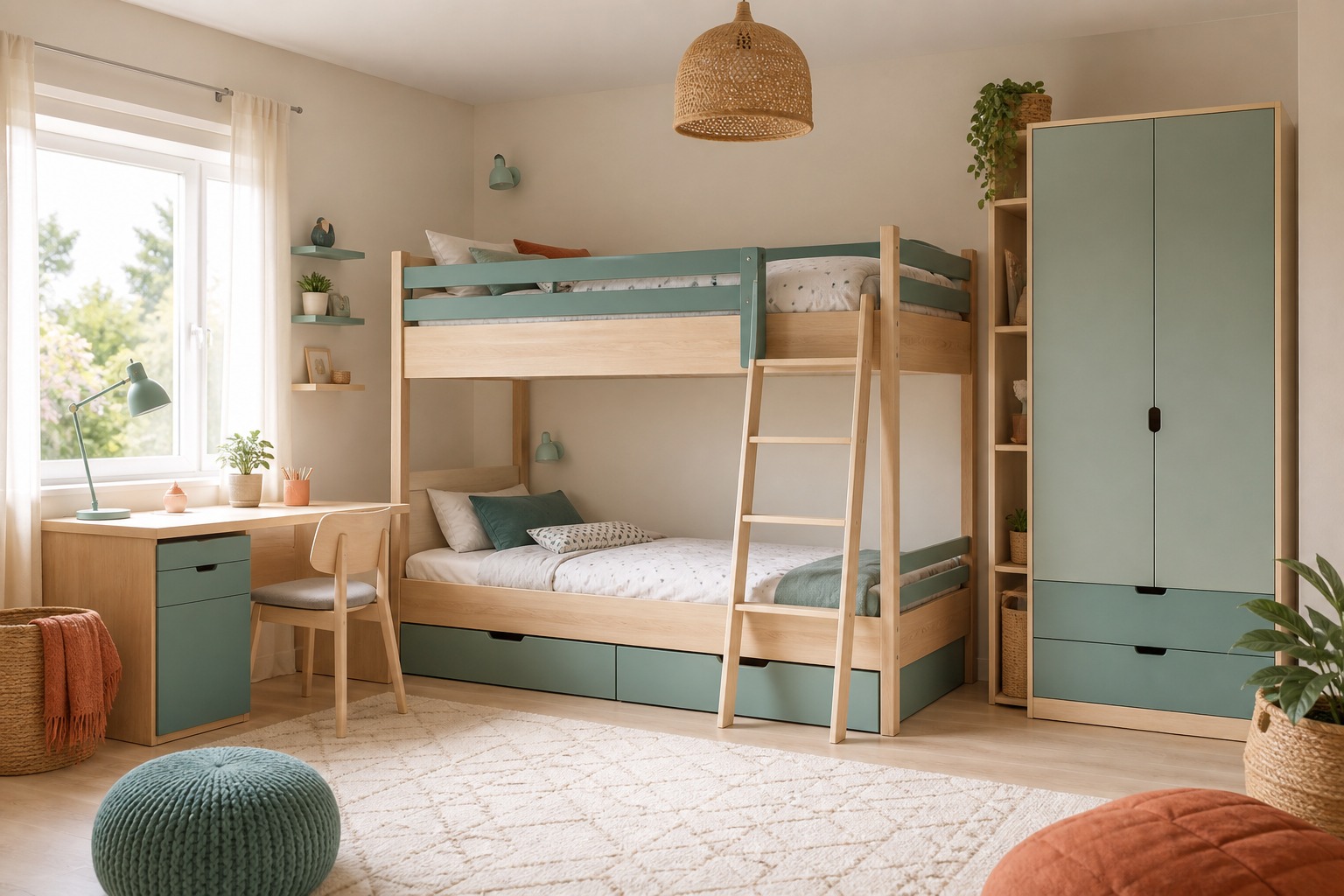Kids room with bunk bed and desk