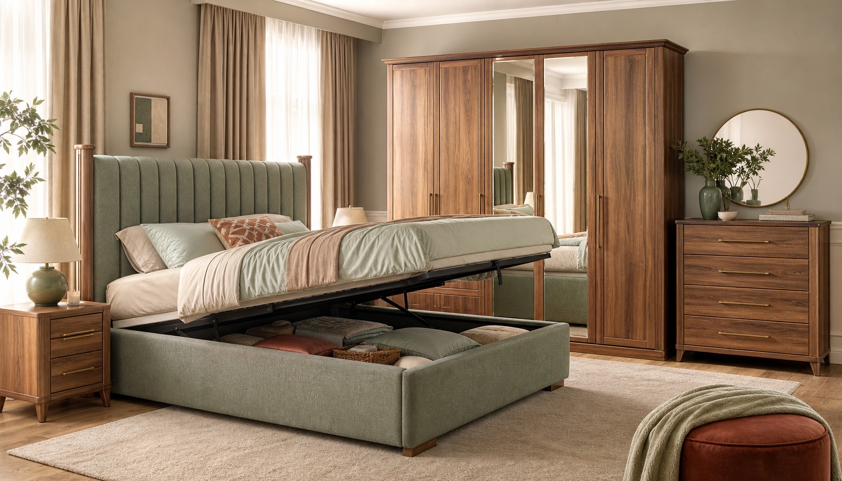Bedroom set with bed and wardrobe